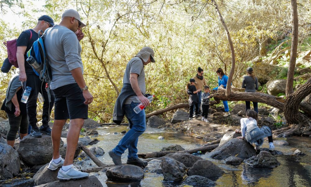 Israelis hiking in Jalaboun Stream in the Golan Heights. Photo by Michael Giladi/FLASH90