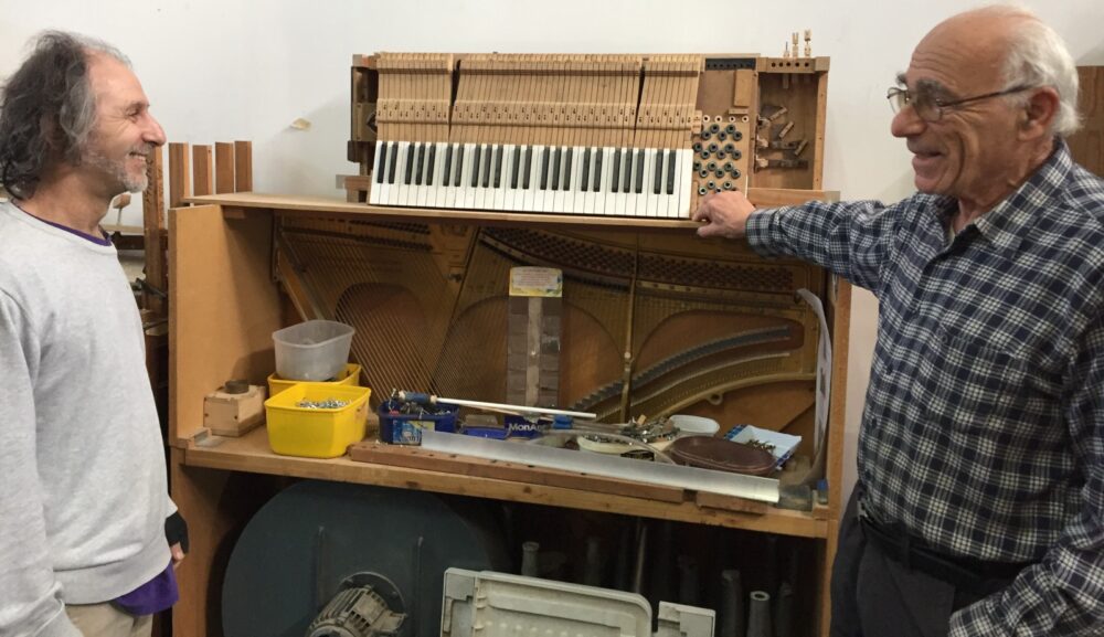 Uri Shani, left, and Gideon Shamir in the Ugavim workshop. Photo by Diana Bletter