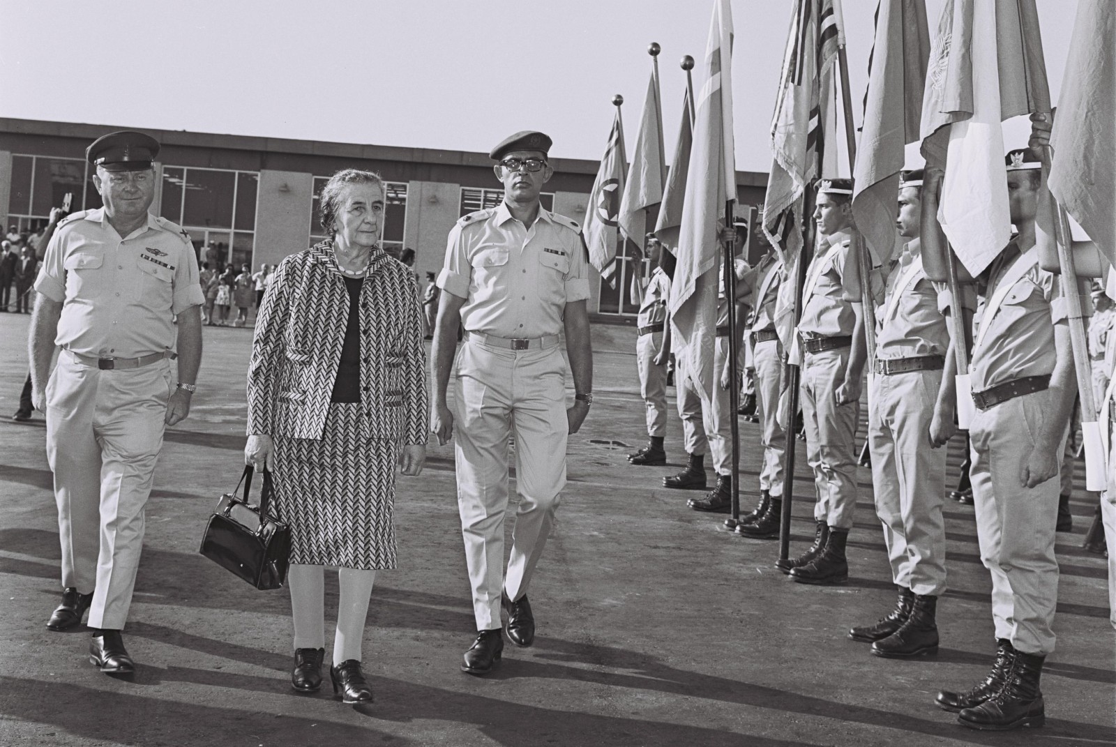 Prime Minister Golda Meir passing the honor guard in Lod airport before departing on her official visit to the United States, September 9, 1969. Photo by David Eldan/GPO