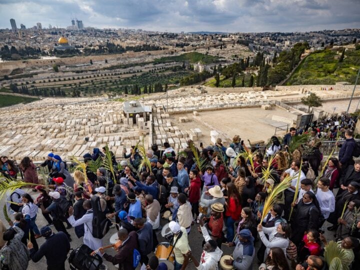 A large crowd of Christians carrying palm branches gathering on a hillside in Jerusalem's old city, with a historic view in the background. The sky is cloudy, and the landscape includes green hills and ancient architecture.