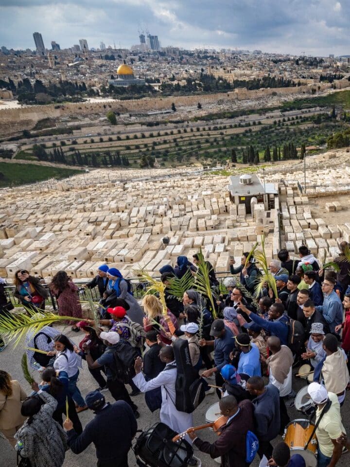Christian pilgrims take part in the traditional Palm Sunday procession on the Mount of Olives on March 24, 2024. Photo by Yonatan Sindel/Flash90