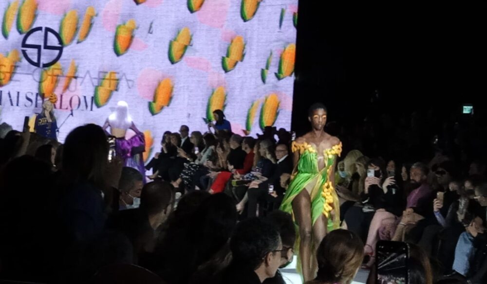 A model for designer Shai Shalom decked out in a corn-themed outfit. Photo by Talou L'Oren