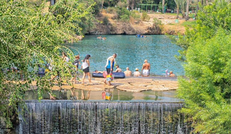 A view of Gan Hashlosha National Park featuring a pristine swimming pool surrounded by trees and a small waterfall in the foreground. The park is full of adults and children swimming and sitting around the park.