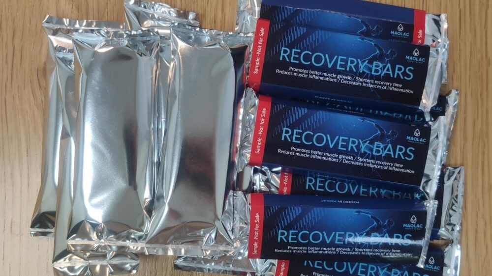 Prototype recovery bars made with cow colostrum. Photo courtesy of Maolac