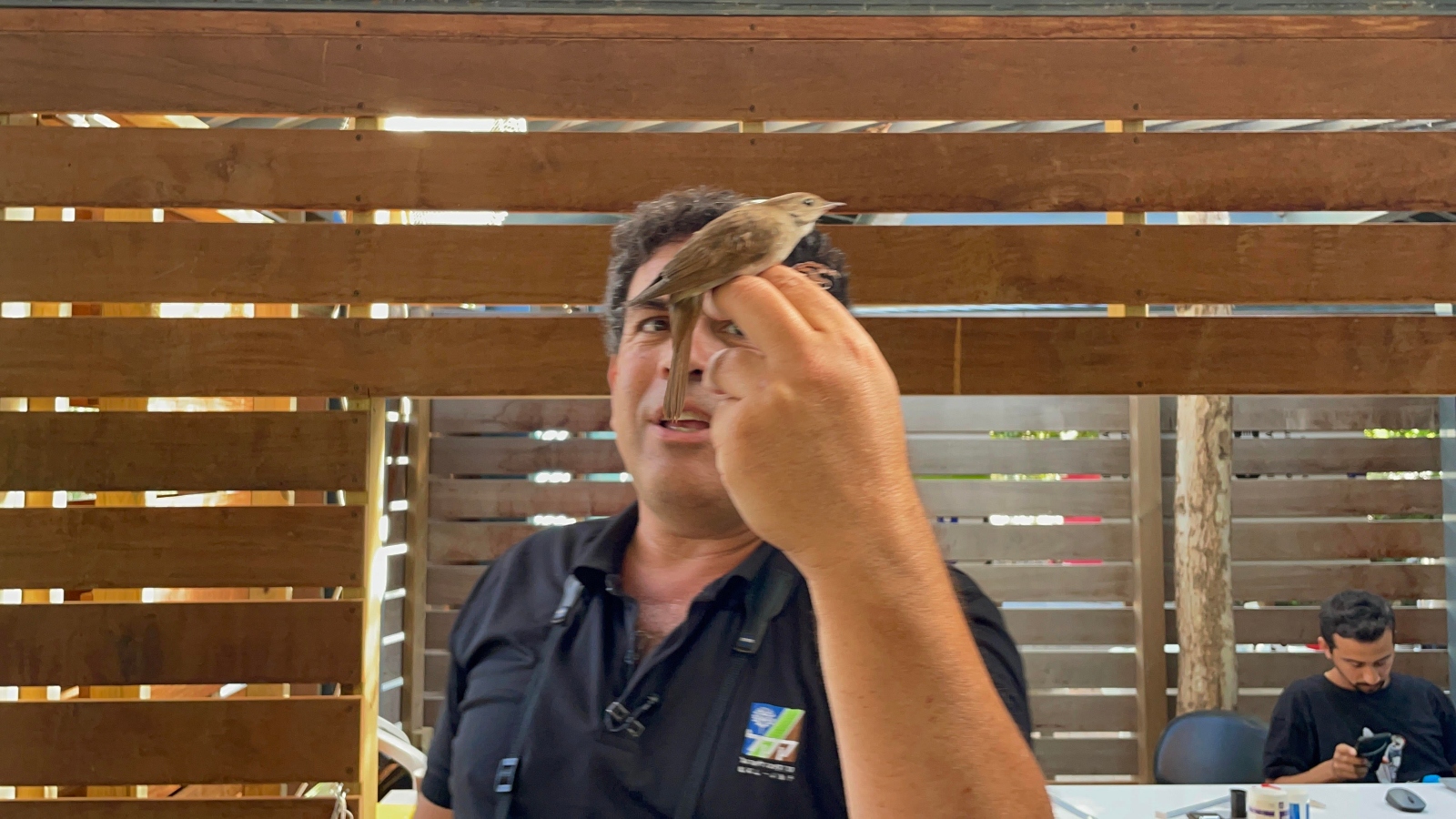 Yaron Charka, head ornithologist of KKL-JNF, with a bird at Rosh Tzipor. Photo by Natalie Selvin