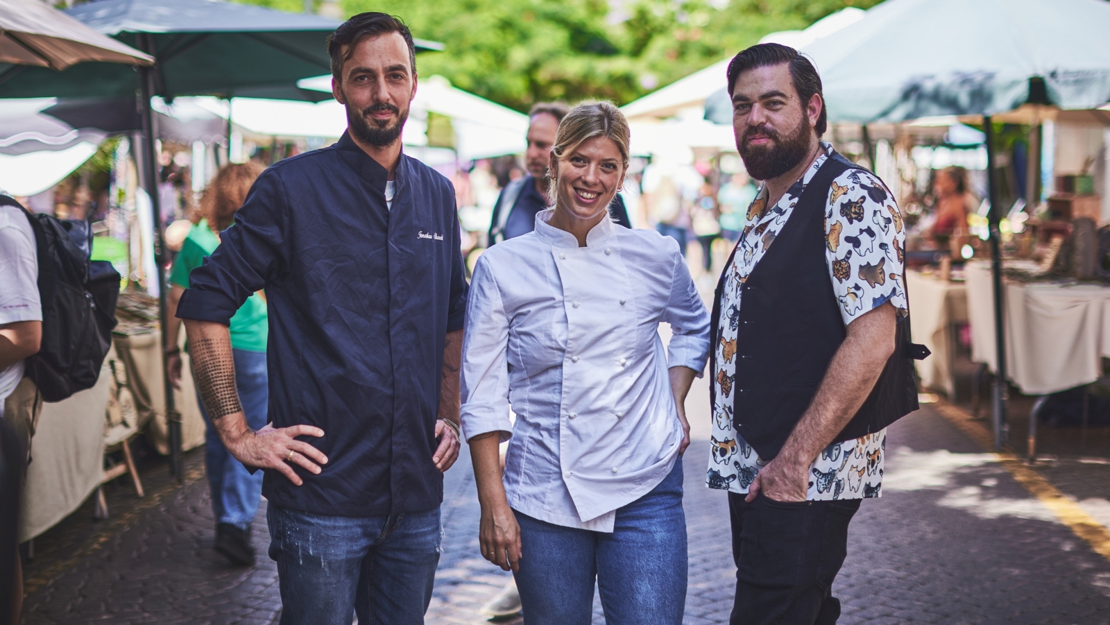 Chefs Jonathan Sharvit and Danna-Lee Berman, left, with sommelier Efi Kotz. Photo by Gil Aviram