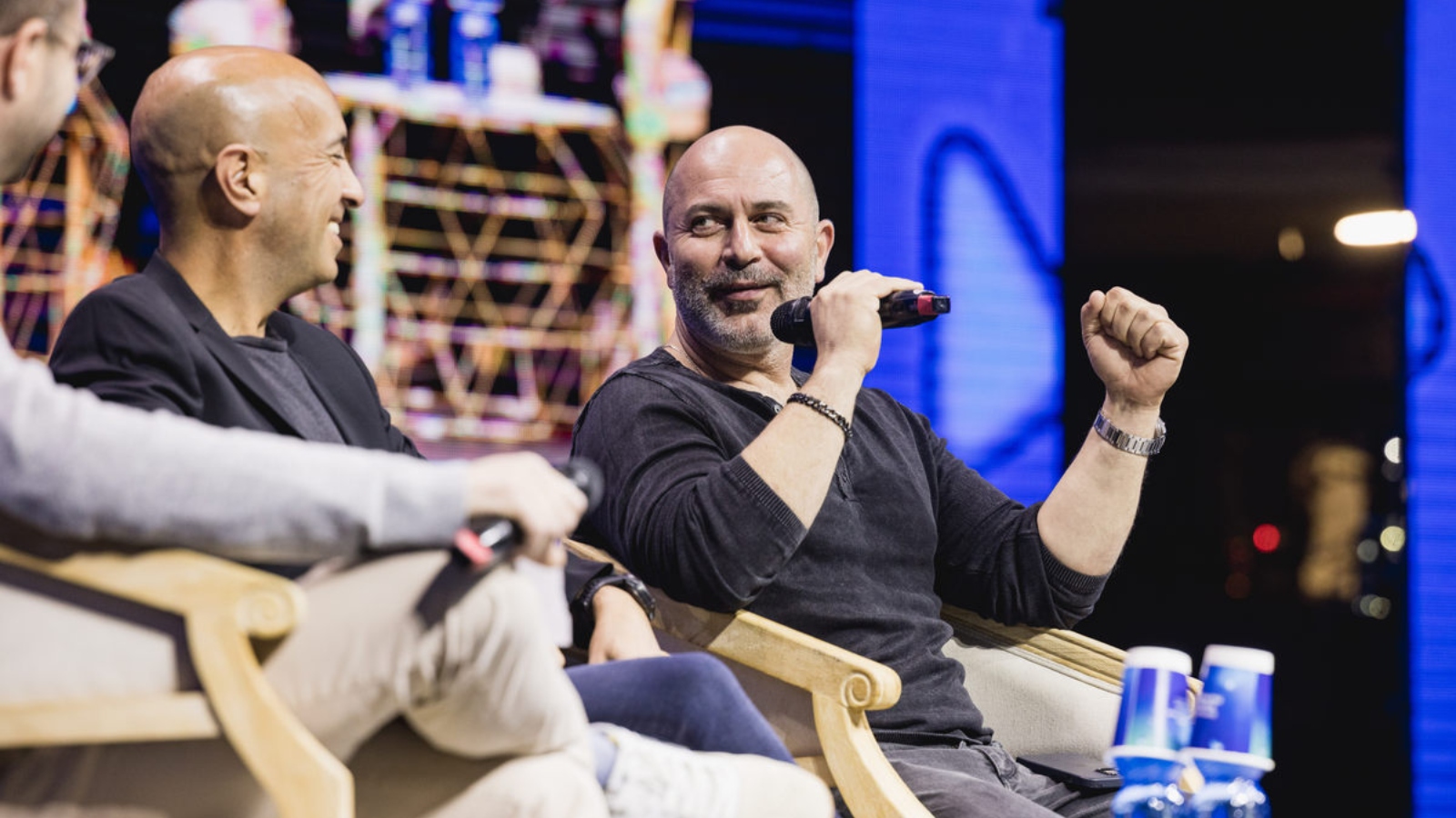 Lior Raz, right, and Avi Issacharoff speaking about their hit show, “Fauda,” at the OurCrowd Global Investor Summit in Jerusalem, February 15, 2023. Photo by Tomer Foltyn