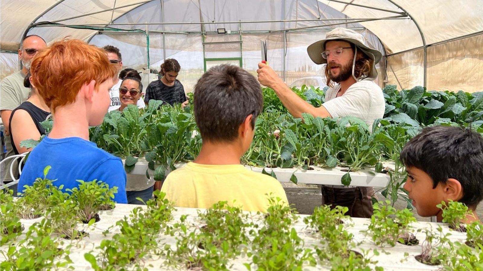 A group of children and adults stand in a greenhouse at Leaf Farm, listening to a man with a hat. They're surrounded by leafy greens and plants on raised beds. The atmosphere is educational and interactive.