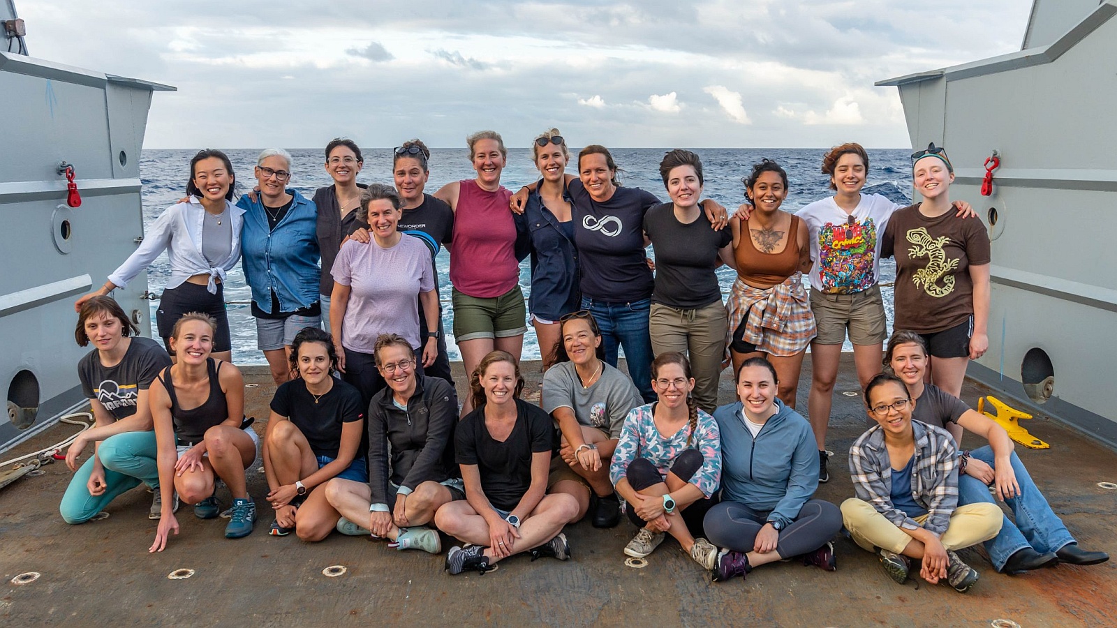 Group photo of the women on board the Thomas G. Thompson research ship. Photo by Frank Xavier Ferrer Gonzalez/University of Washington
