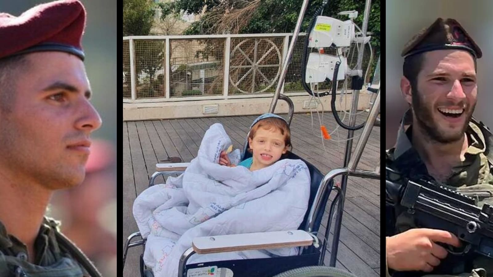 This eight-year-old boy received part of the liver of fallen soldier Amichai Rubin, right. Photo of child courtesy of Schneider Children’s Hospital; photos of soldiers courtesy of their families