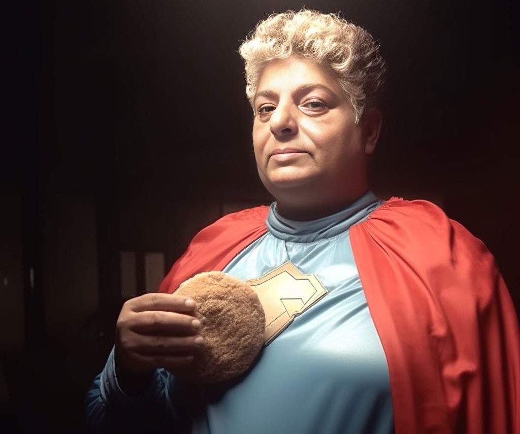 Rachel Edri pictured as a superhero with a cookie. Digital photo created by Guy Aga