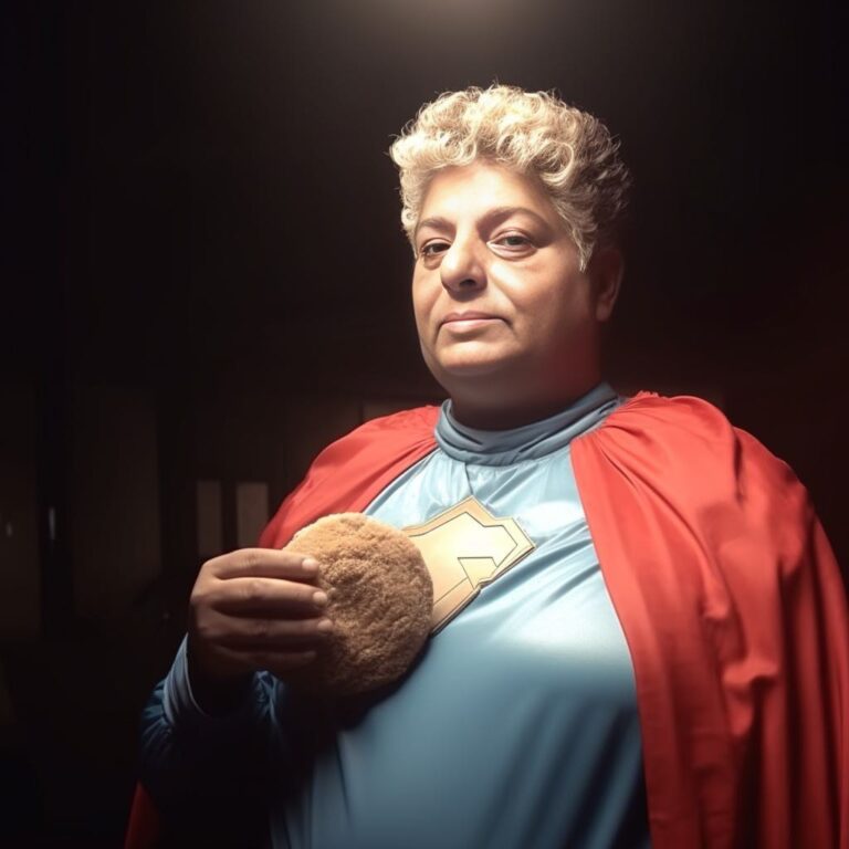 Rachel Edri pictured as a superhero with a cookie. Digital photo created by Guy Aga