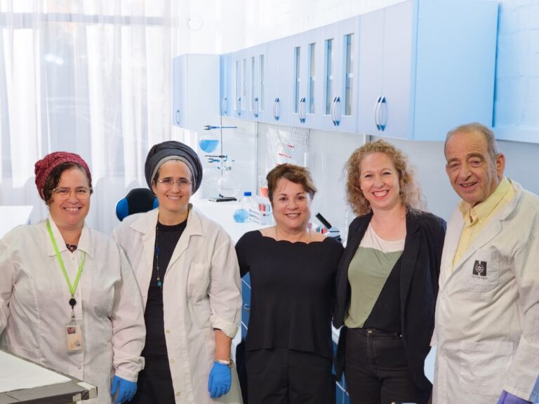 The Exosomm team, from left: Dr. Regina Golan-Gerstl, Dr. Yasmine Hamra-Amitay, Dr. Yaffa Elbaum-Shiff, Netta Granot and Prof. Shimon Reif, MD. Photo courtesy of Exosomm