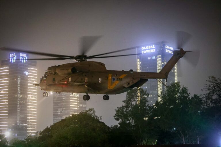 An Israeli military helicopter with released Israeli hostages arrive at the Schneider Children's Medical Center in Petah Tikva, November 26, 2023. Photo by Yossi Aloni/FLASH90