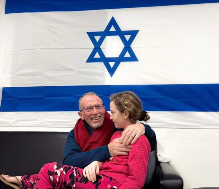 Emily Hand and her father are reunited upon her release from Hamas captivity on November 25, 2023. Photo courtesy of the IDF Spokesperson’s Unit