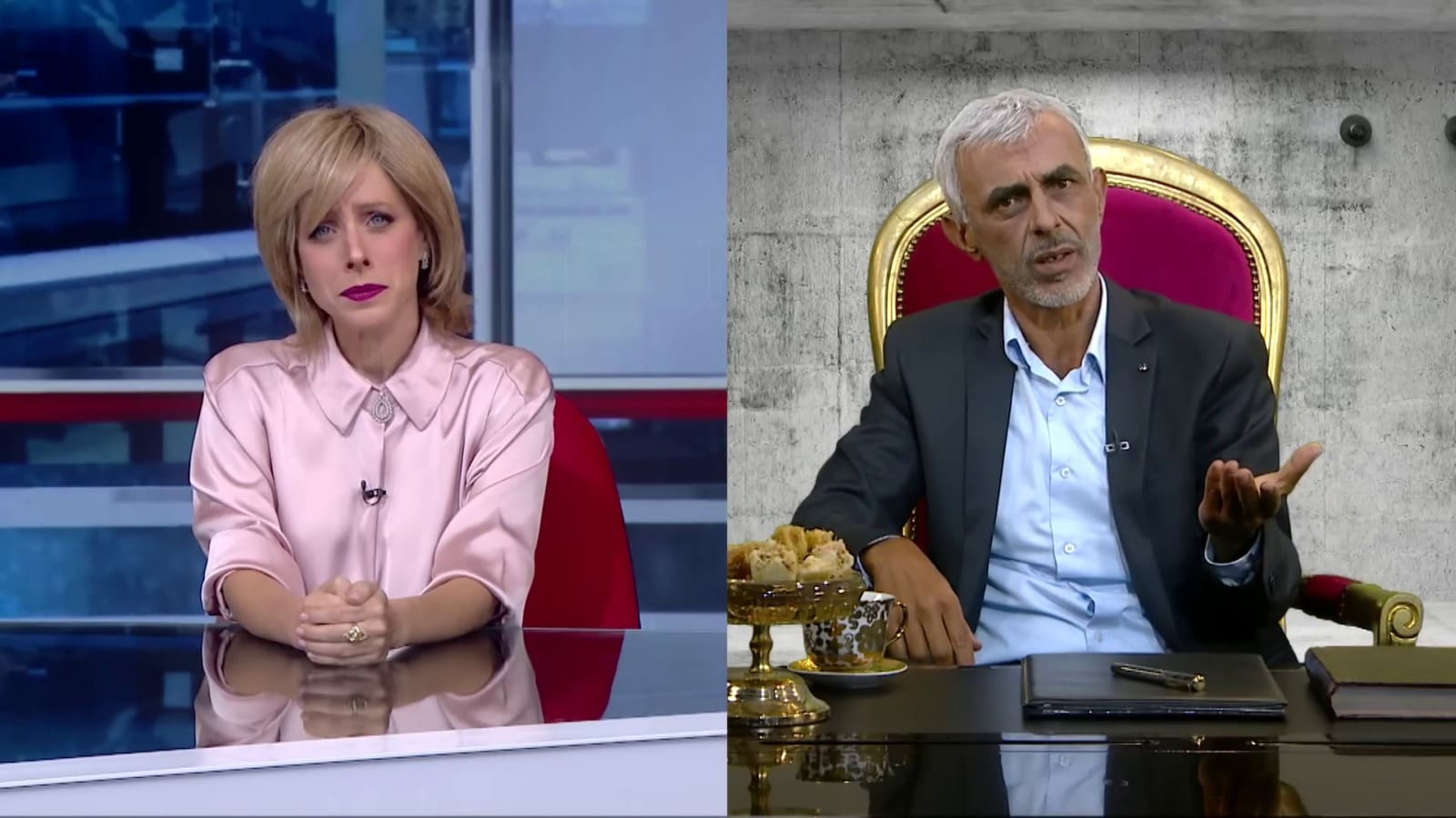 Eretz Nehederet actors Liat Harlev and Eli Finish spoofing BBC’s interview of Hamas leader Yahya Sinwar. Photo: screenshot