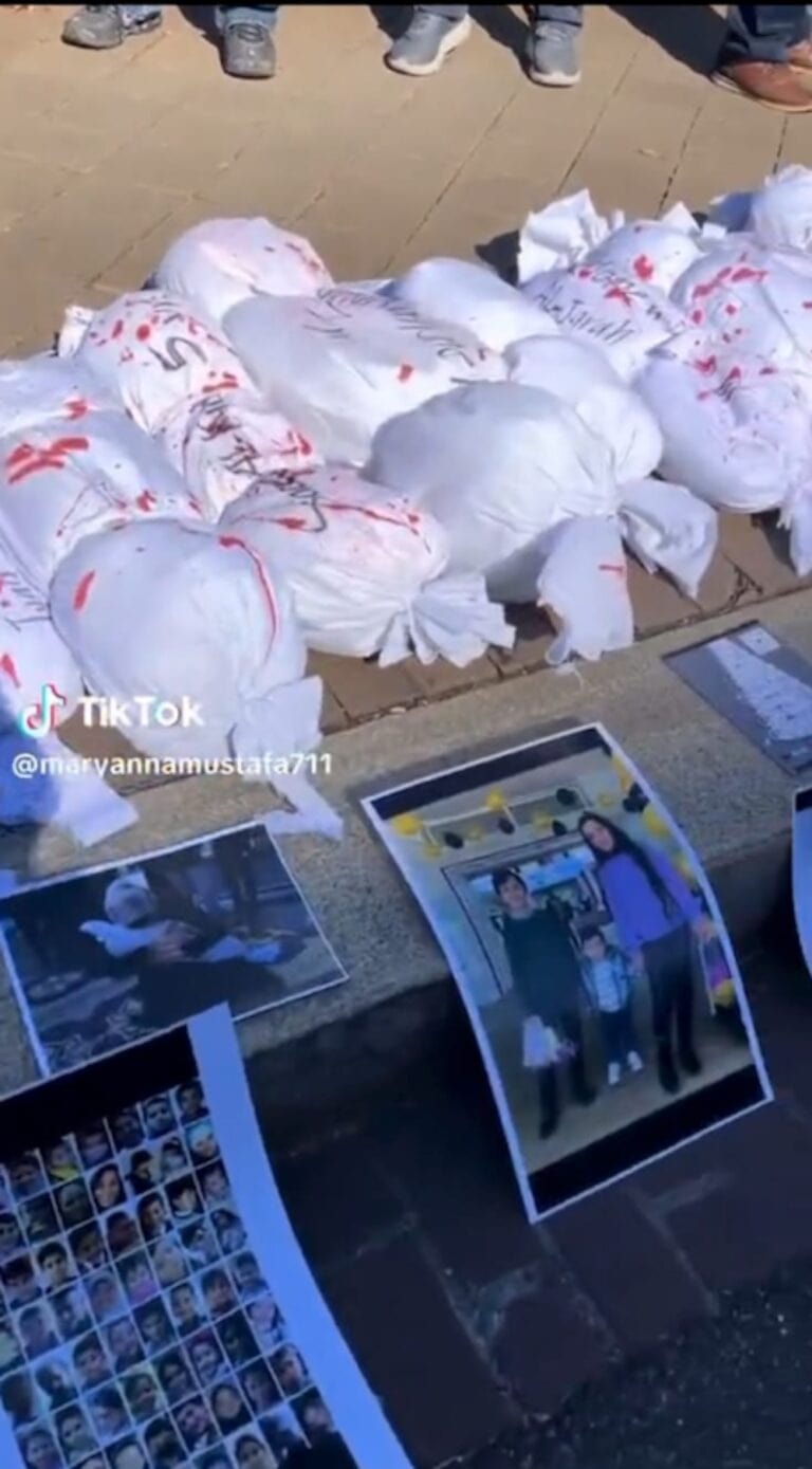 This photo of body bags isn’t really from Gaza; it’s from a pro-Palestinian demonstration in Boston. Photo courtesy of Eternity