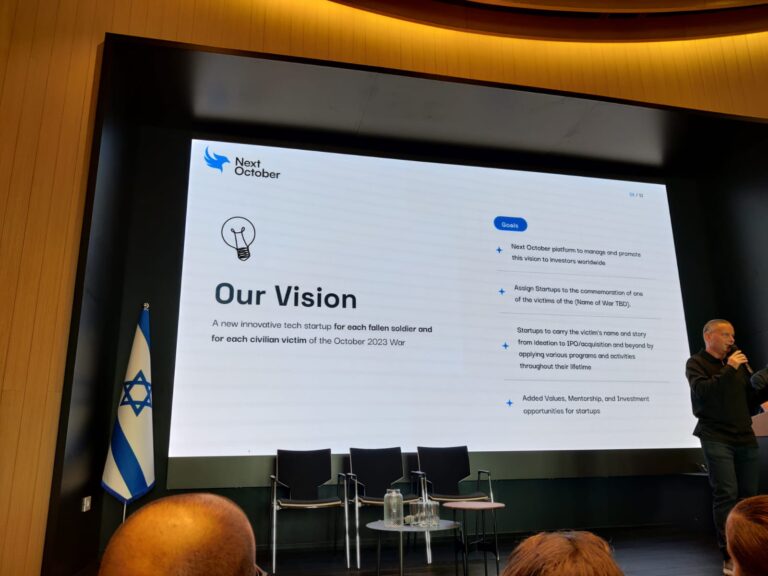 Izhar Shay describing the Next October project to investors and startup founders in Tel Aviv, December 4, 2023. Photo by Levi Shapiro/mHealth