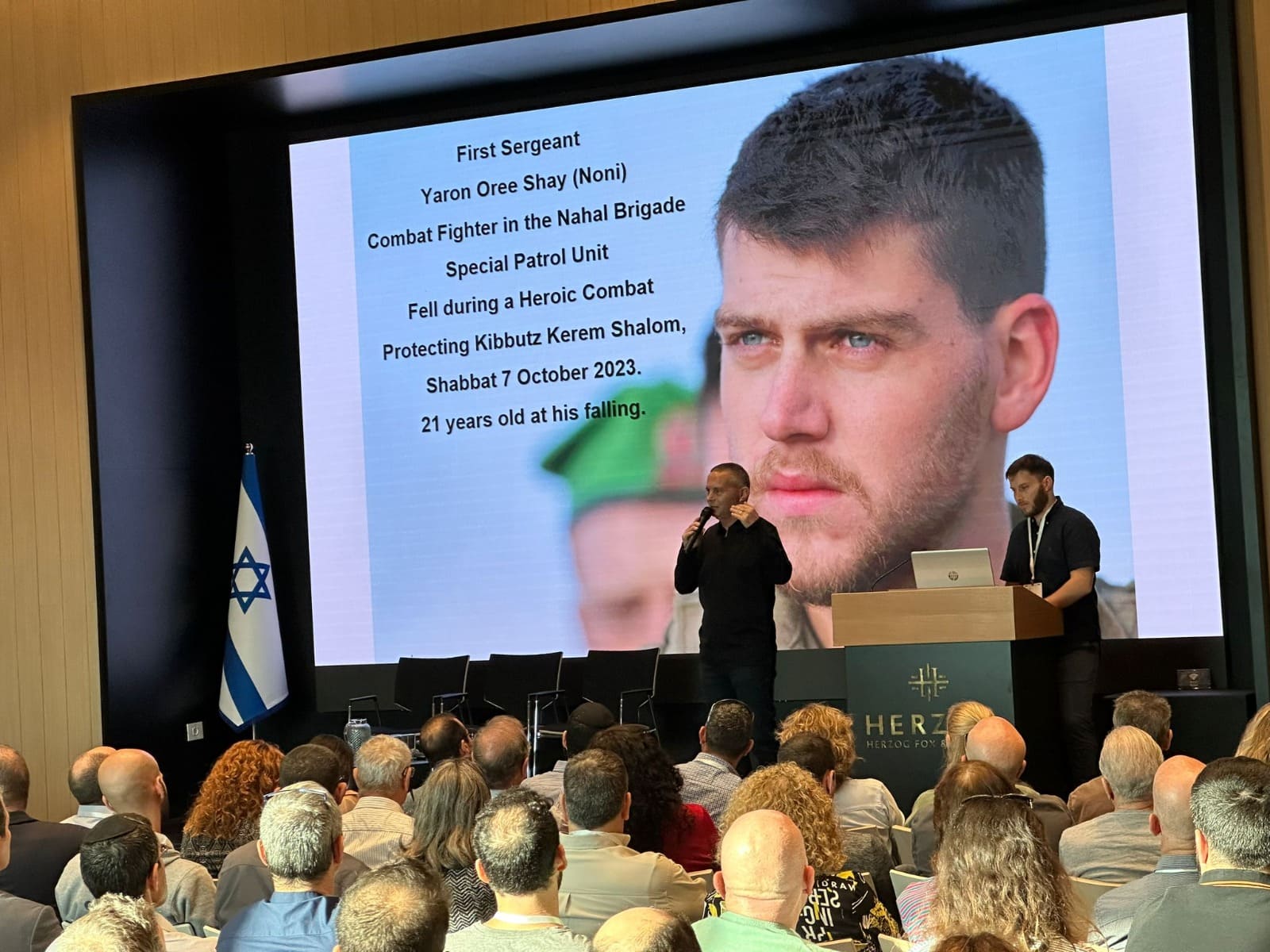Fallen soldier Yaron Shay’s father, Izhar, and brother, Ophir, talking about the 21-year-old’s special character. Photo by Levi Shapiro/mHealth