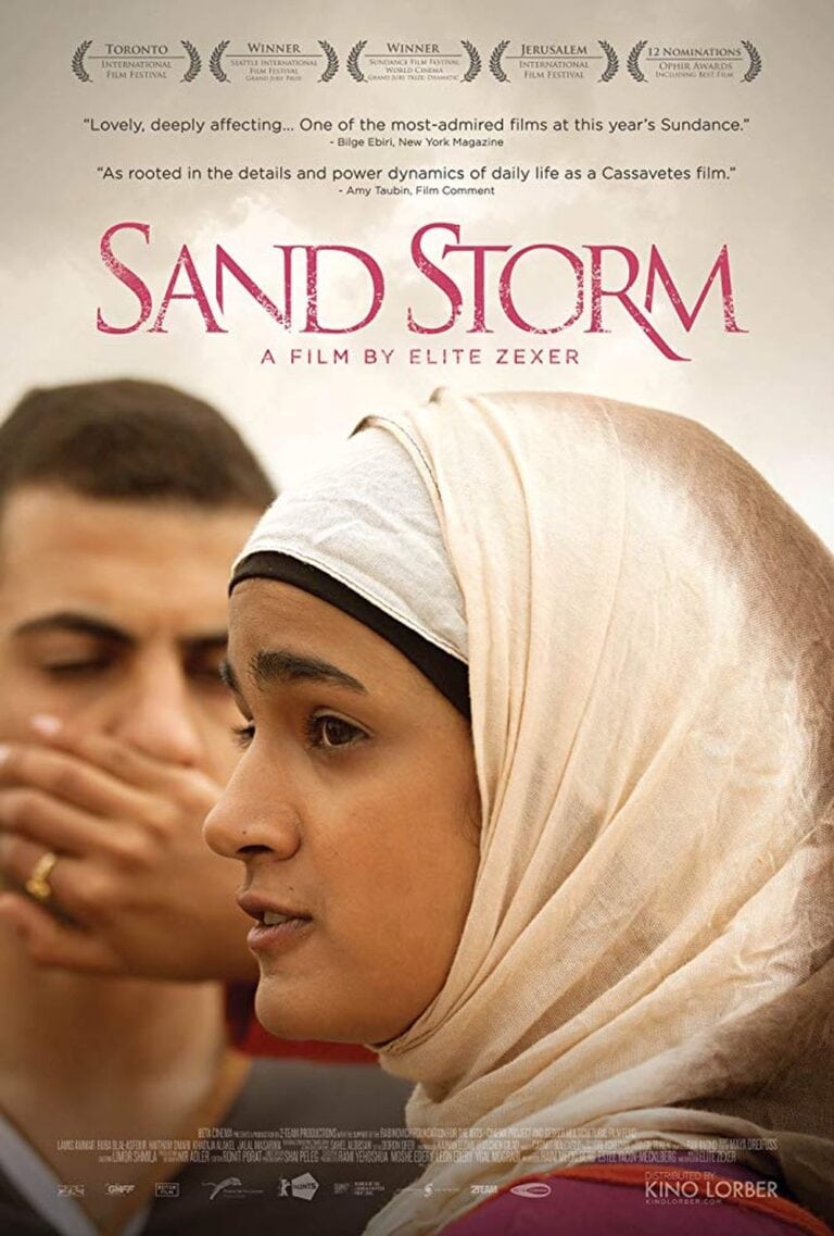 Poster for Sand Storm featuring a close-up of a woman in a headscarf. She covered the mouth of blurred figure in the background. Text includes film festival accolades and reviews. 
