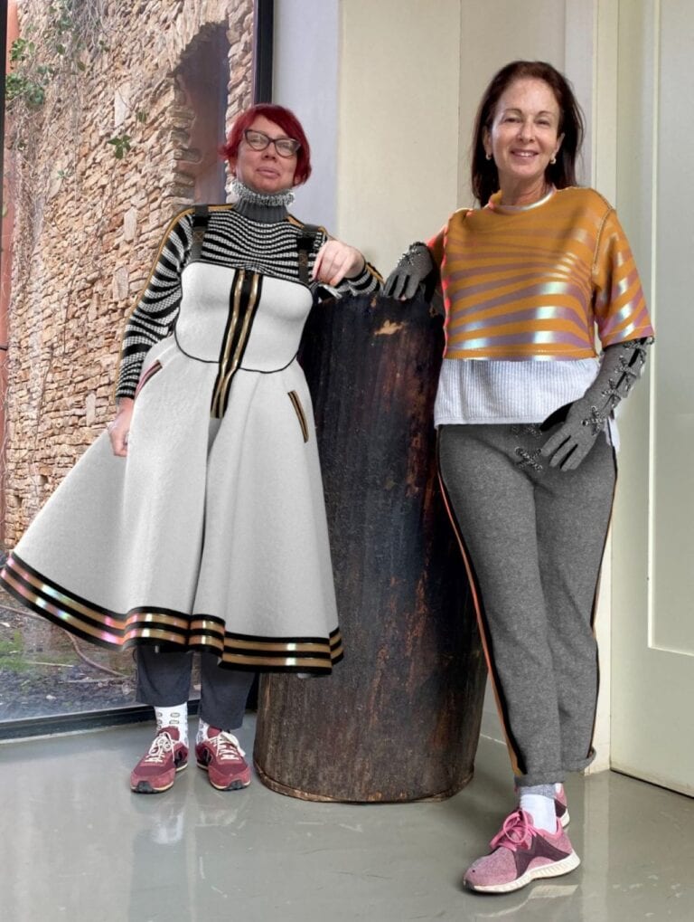 Shenkar Fashion Design Department senior lecturer and technology coordinator Ana Solo, left, and Shenkar Fashion Design Department lecturer and designer Gilly Bahat Eshkol wearing digital garments. Photo courtesy of Gilly Bahat Eshkol