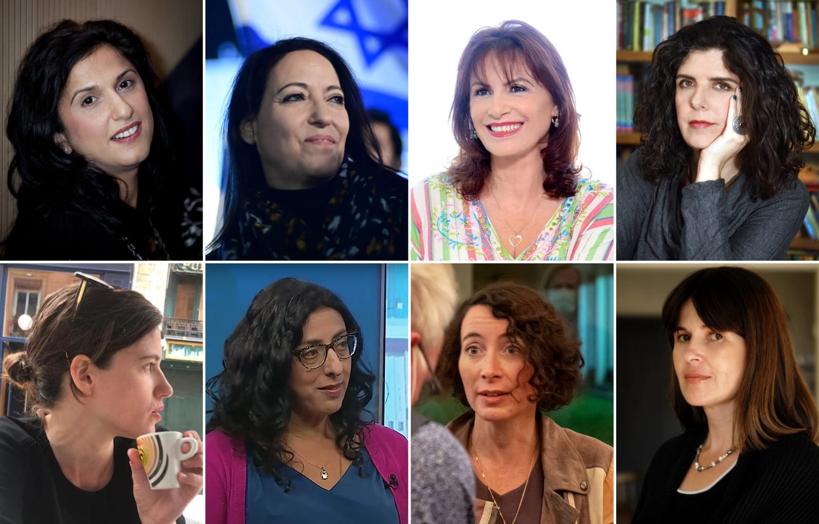 An 8-photo collage of different female Israeli authors. They are in various settings, some smiling and others in thoughtful poses. The backgrounds include bookshelves, a café, and a studio. Each woman has unique hairstyles and expressions.