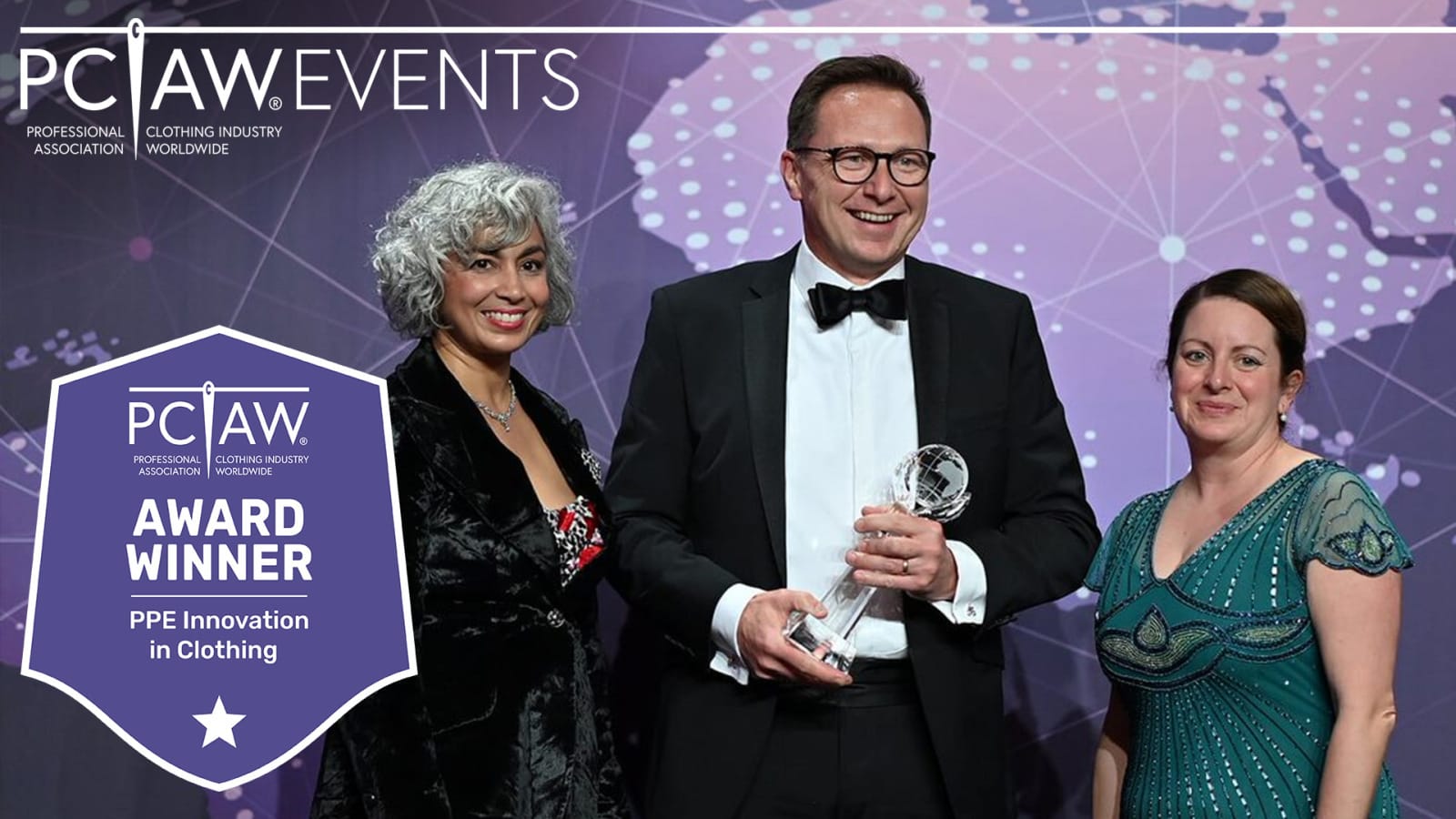 Optitex VP Sales Richard Jessup receiving the Professional Clothing Industry Association Worldwide 2023 Award in the category of “PPE Innovation in Clothing.” Photo courtesy of PCIAW