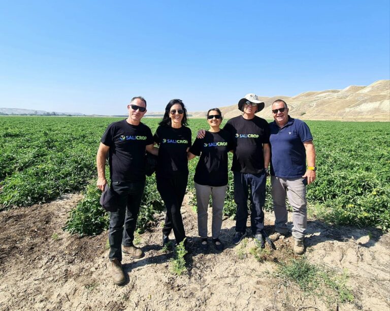 From left, SaliCrop COO Oron Bet Or, CEO Carmit Oron, CSO Dr. Rca Godbole, head of R&D Dr. Sharon Devir, and Shadmot Mechola farming organization manager Itzik Meller. Photo courtesy of SaliCrop