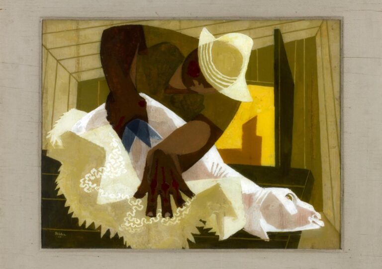 “Sheep Shearing, 1947” by Shalom Sebba, oil on plexiglass. Photo courtesy of Tel Aviv Museum of Art