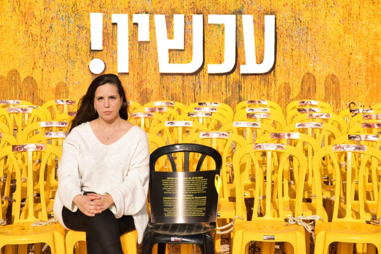 Acting in a moment of a crisis – Dorit Gvili is keeping world attention on the hostages. Photo at Hostages Square in Tel Aviv, by Noam Chen