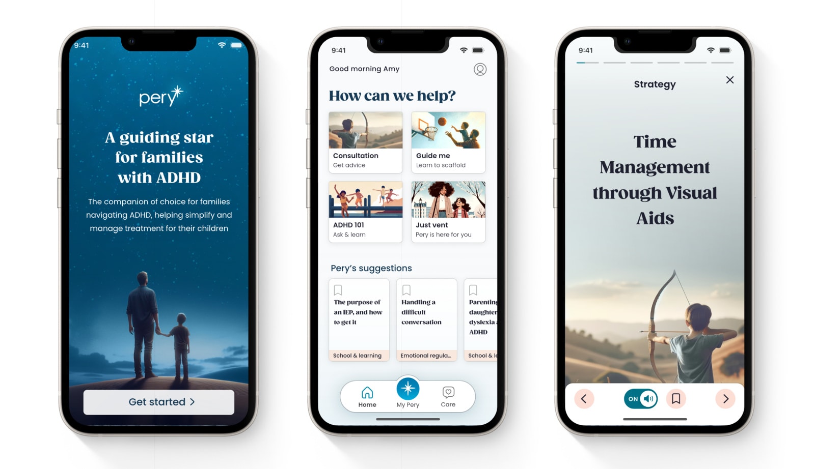 Screenshots from Pery, a companion for parents dealing with ADHD. 