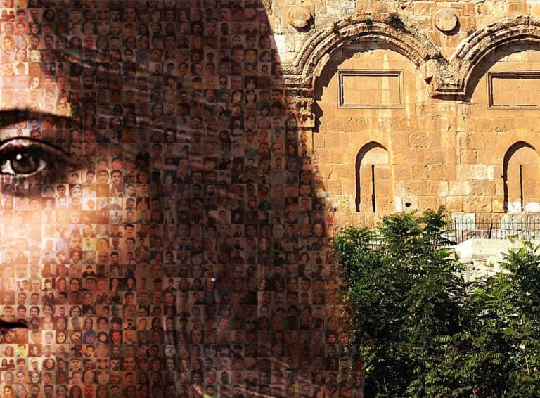 A printed mural by Iranian-born artist Hooman Khalili is showcased over a building at the University of Haifa. Picture courtesy of Hooman Khalili