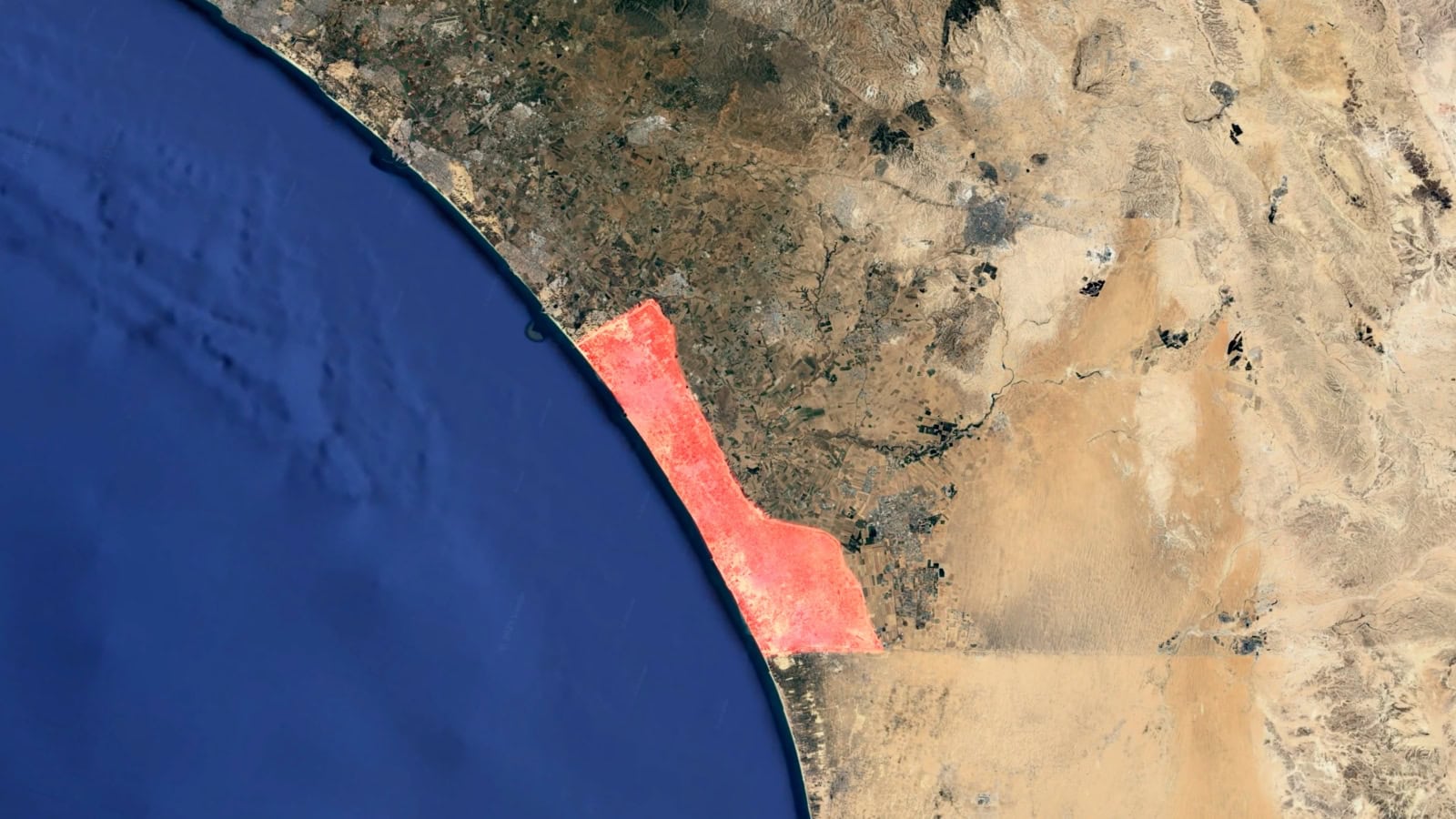 A 3D satellite map showing the Gaza Strip highlighted in red. Image by Ali Chehade via Shutterstock.com