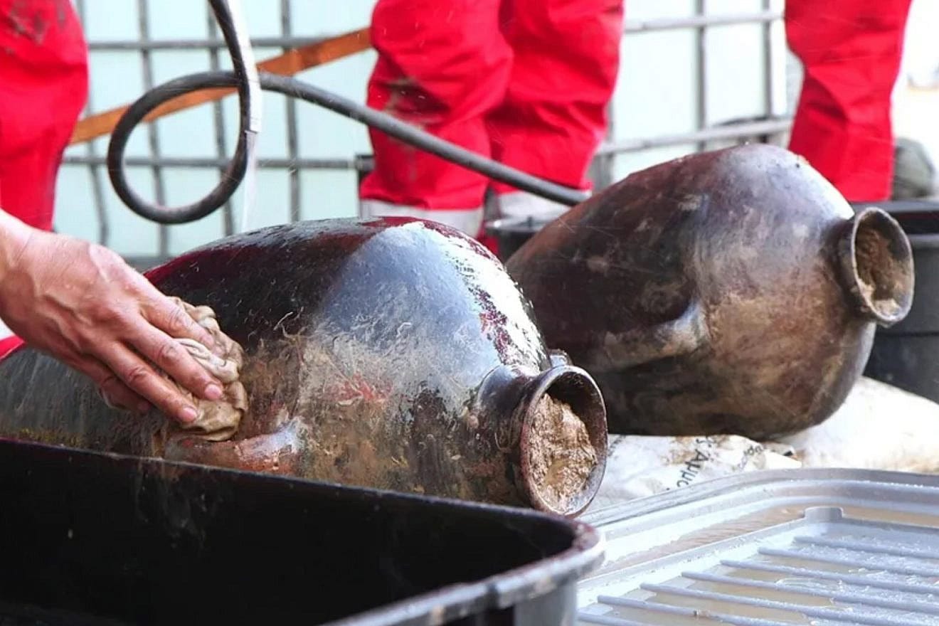 The Canaanite jars exposed to daylight after more than 3,300 years. Photo by Emil Aladjem, Israel Antiquities Authority