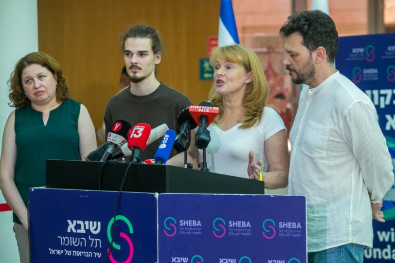 Family members of released hostage Andrey Kozlov speak to the media at the Sheba Medical Center in Ramat Gan, June 9, 2024. Photo by Flash90
