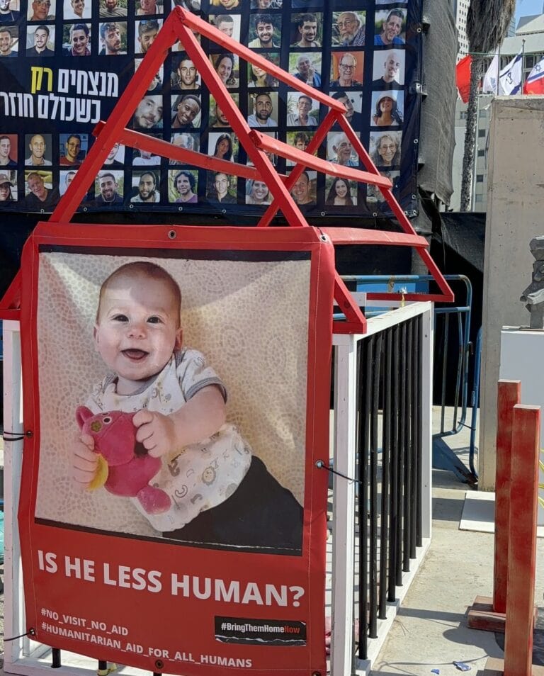 A display dedicated to the youngest hostage in Gaza, Kfir Bibas. Photo by Natalie Selvin
