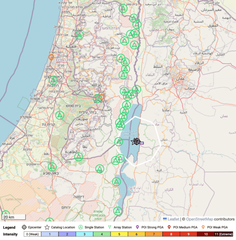 A screenshot of SeismicAI’s platform, which detected and issued an alert for an earthquake near Jerusalem on June 21, 2024. Screenshot via SeismicAI.com