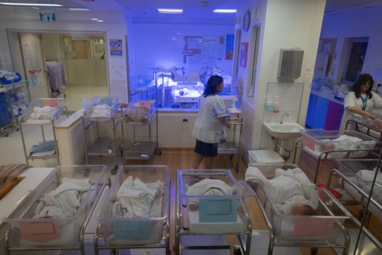 Newborn babies at Shaare Zedek Medical Center in Jerusalem, December 31, 2023. Photo by Chaim Goldberg/Flash90