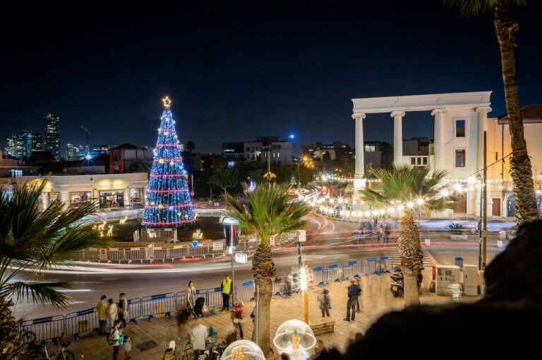 A lit Christmas tree in Jaffa. Photo by Eyal Tagar