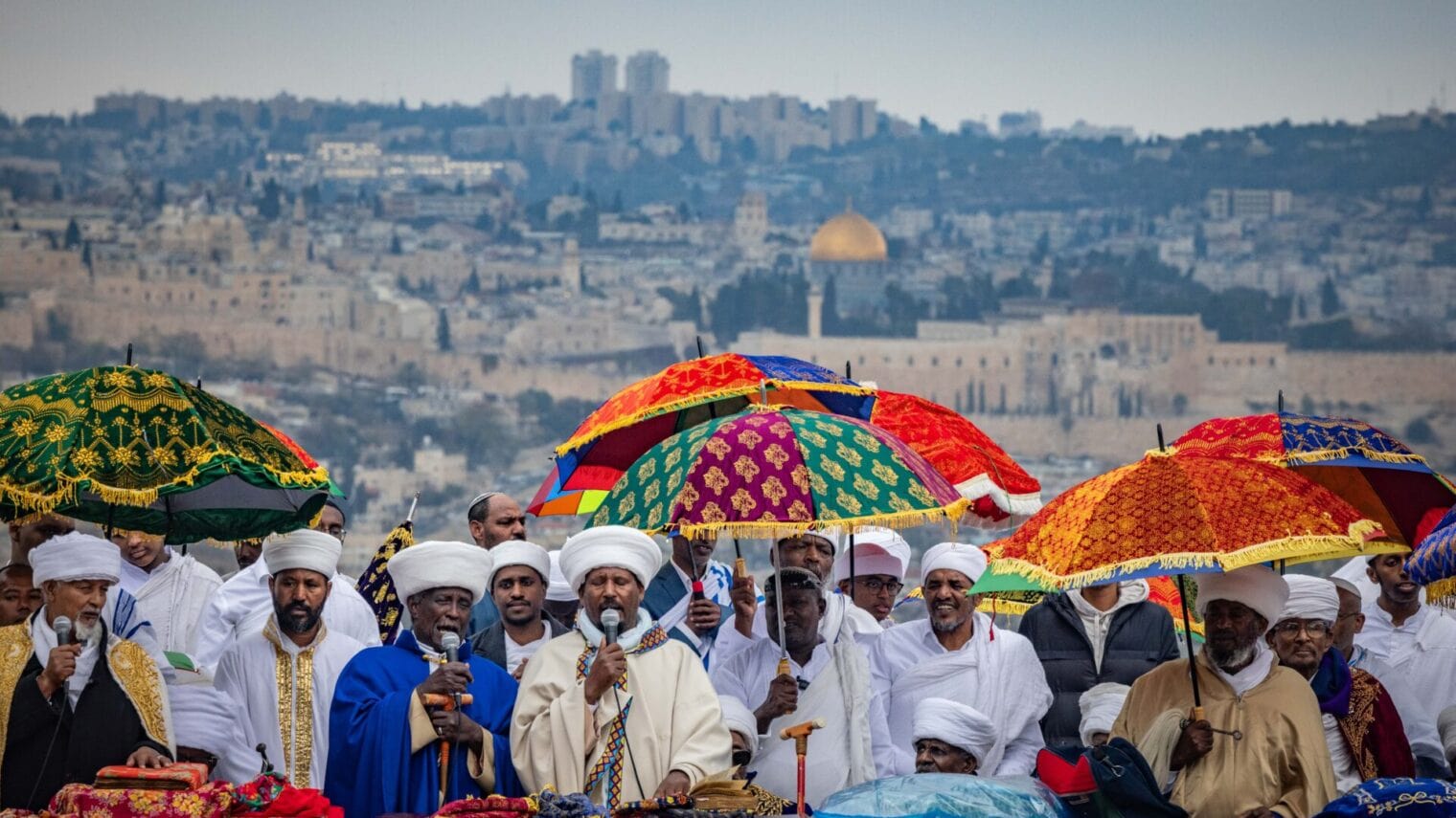 Ethiopian Jews take part in a prayer for the annual Sigd holiday at the Armon Hanatziv Promenade overlooking Jerusalem on November 28, 2024. Photo by Yonatan Sindel/Flash90