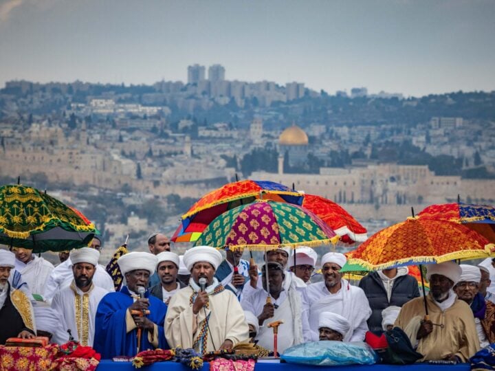 Ethiopian Jews take part in a prayer for the annual Sigd holiday at the Armon Hanatziv Promenade overlooking Jerusalem on November 28, 2024. Photo by Yonatan Sindel/Flash90