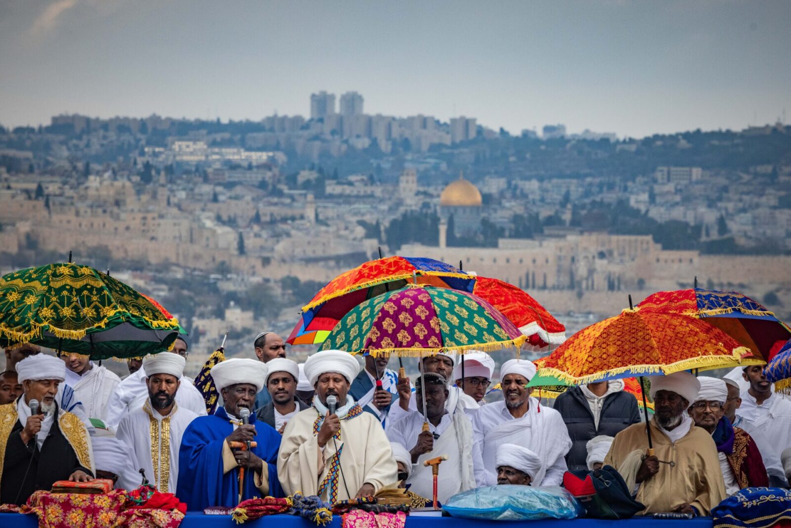 Ethiopian Jews take part in a prayer for the annual Sigd holiday at the Armon Hanatziv Promenade overlooking Jerusalem on November 28, 2024. Photo by Yonatan Sindel/Flash90