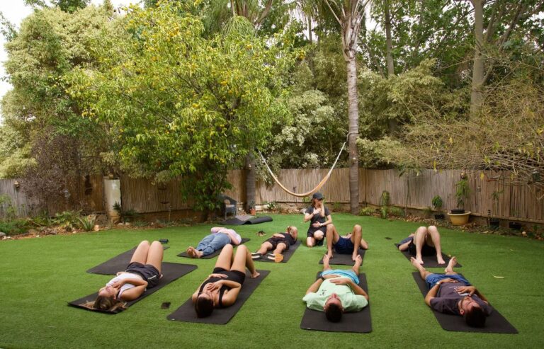 Lone soldiers do breathwork prior to dipping in an ice bath at a workshop in Ra’anana. Photo courtesy of Nikia Blumenthal