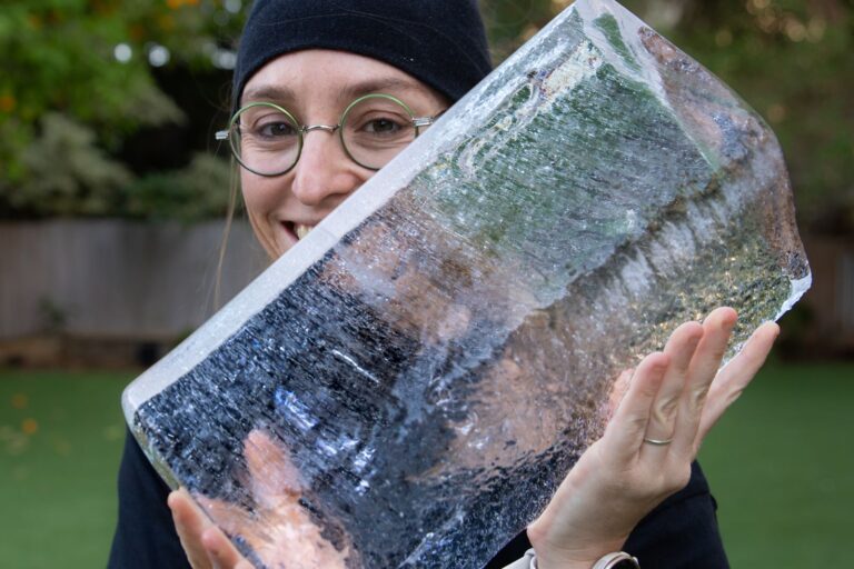Nikia Blumenthal with a block of ice. Photo by John Jeffay