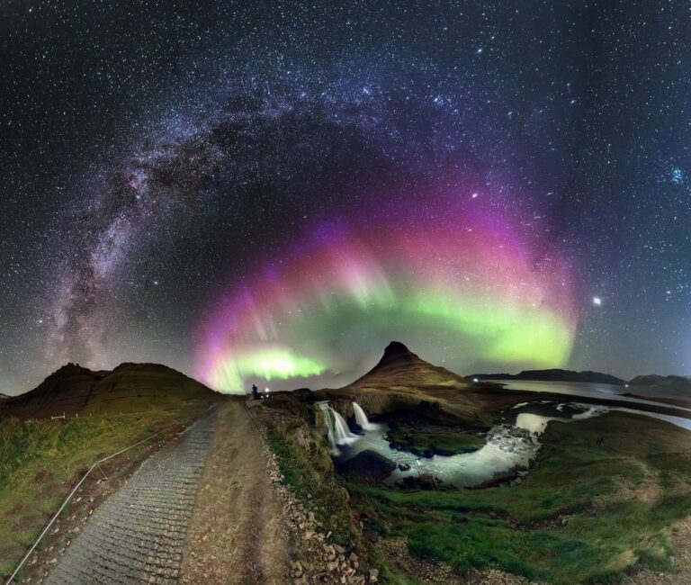 NASA posted this composite photo created by Roi Levi in September 2024, showing the Milky Way during an aurora over Kirkjufell, the most photographed mountain in Iceland. Photo by Roi Levi