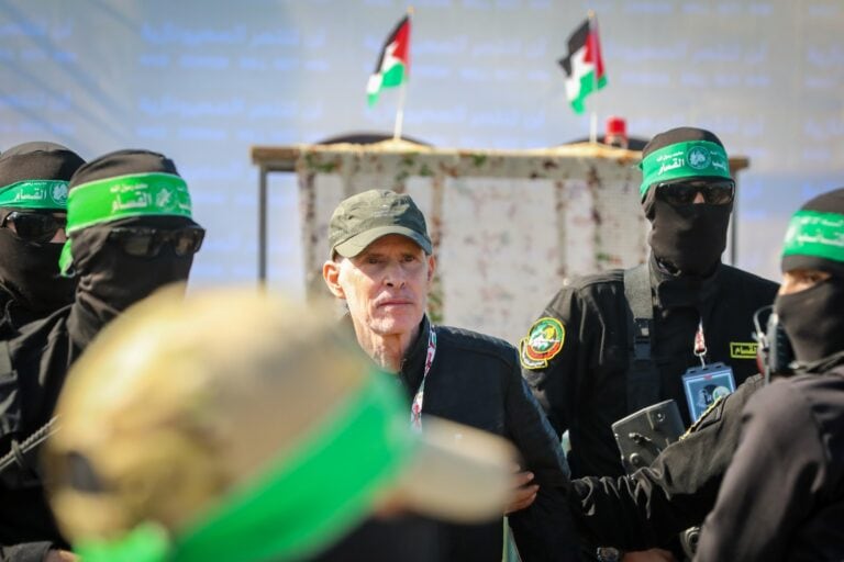 Hamas parades hostage Keith Siegel in Gaza City. Photo by Ali Hassan/Flash90
