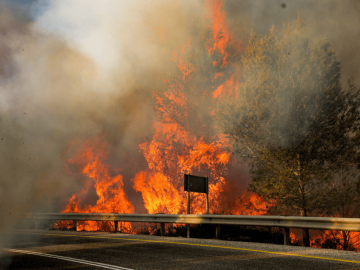A wildfire in Israel, started by a rocket fired from Lebanon in August 2024. Photo via Flash90