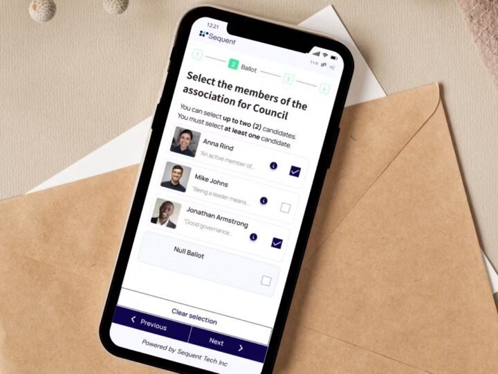 The Sequent online voting platform as displayed on a smartphone. Photo courtesy of Sequent