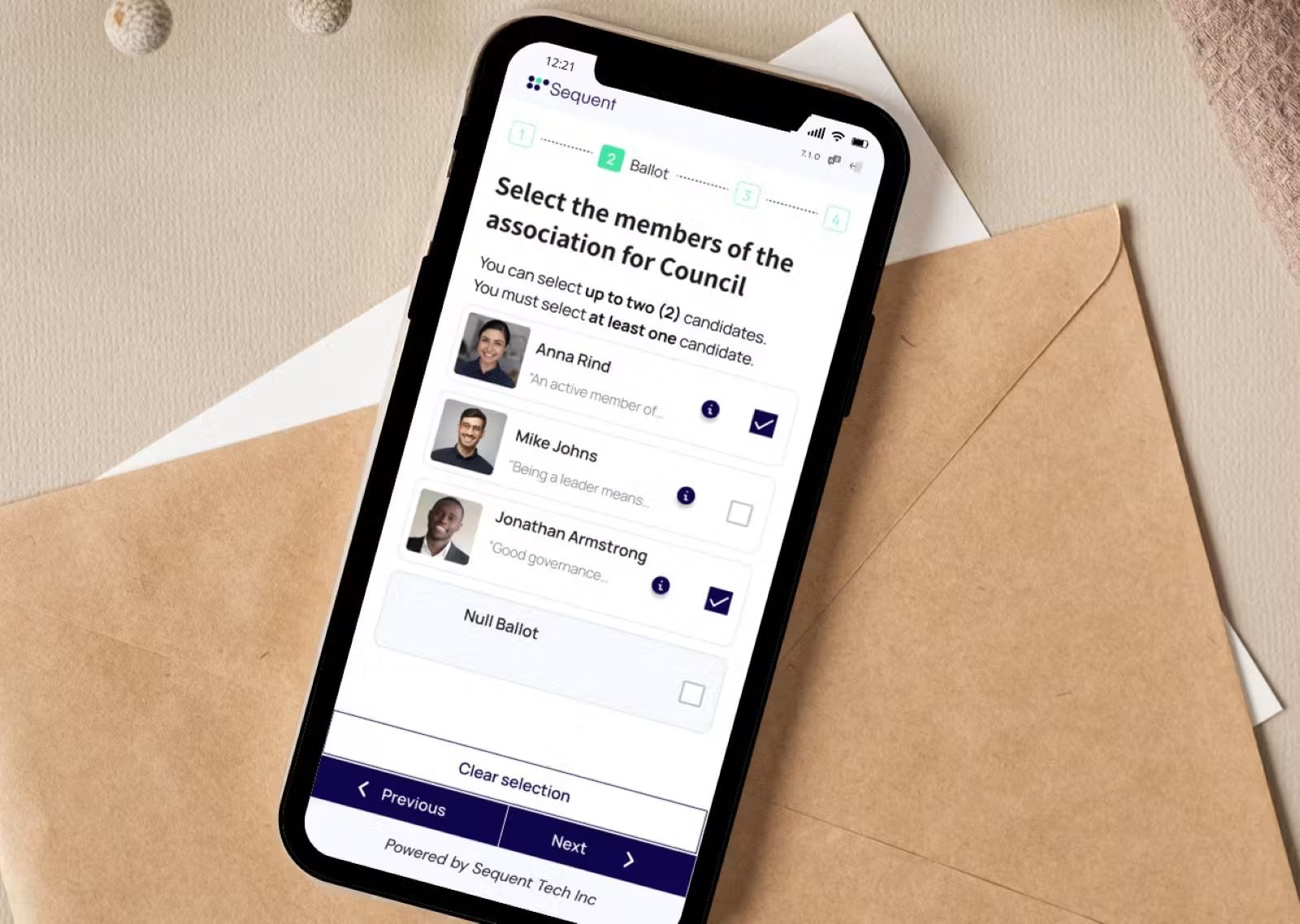 The Sequent online voting platform as displayed on a smartphone. Photo courtesy of Sequent