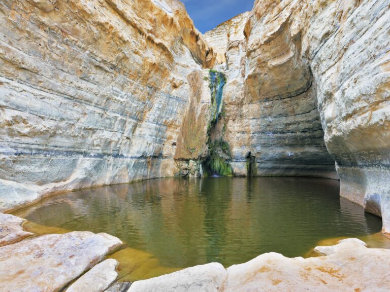 Canyon Ein Avdat with thin jet waterfalls running down the pool. Photo by kavram via Shutterstock